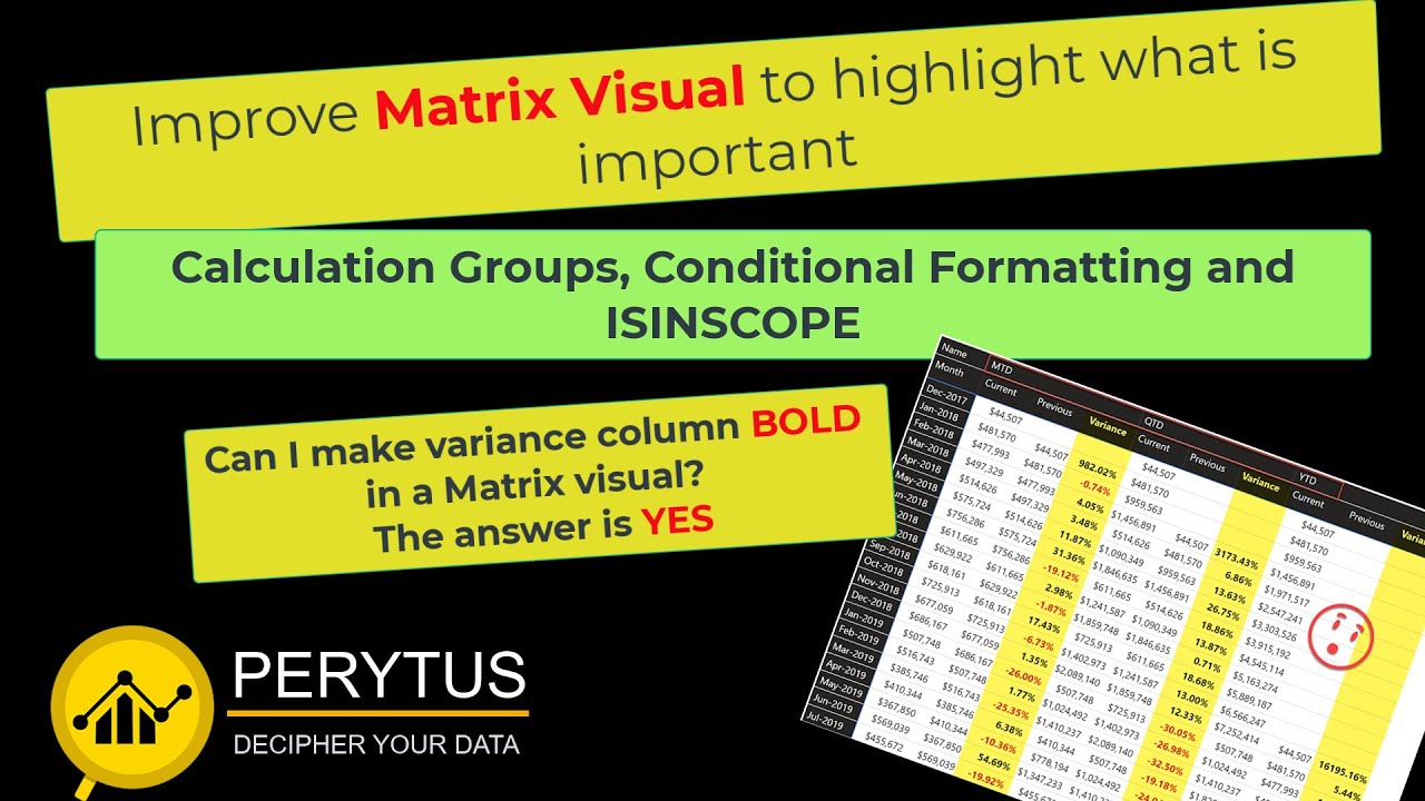 Improve matrix visual by using calculation groups, conditional formatting, and ISINSCOPE - Power BI