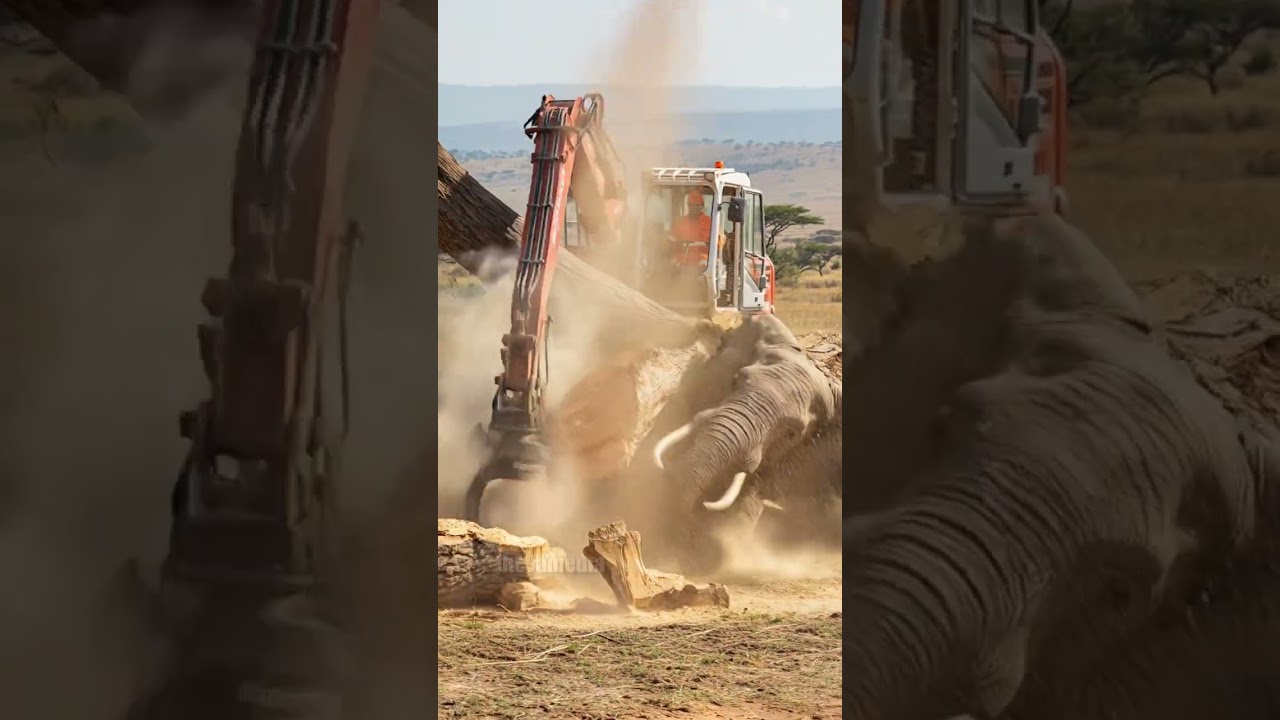 Construction Worker Rescues Elephant From Fallen Tree! #rescue #animals #Wildlife