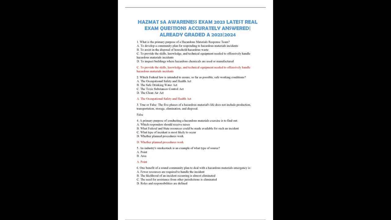 HAZMAT 5A AWARENESS EXAM 2023 LATEST REAL EXAM QUESTIONS ACCURATELY ANSWERED ALREADY GRADED A 202320