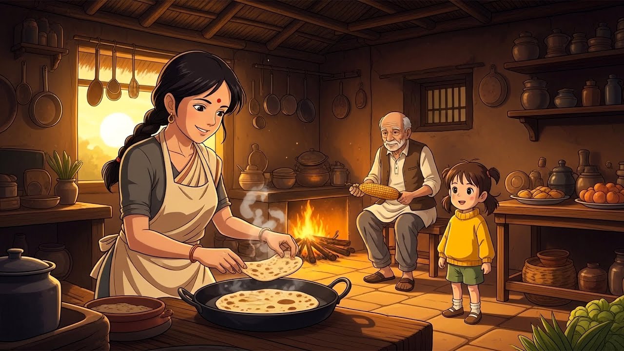 Уютная деревенская кухня в стиле Ghibli | Роти и жареная кукуруза ASMR | Расслабляющий вечер