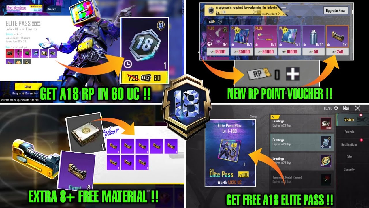 Get A18 Royal Pass In 60 Uc !! Extra 8 Free Material | New RP Point Voucher Shop & Free Elite Pass 