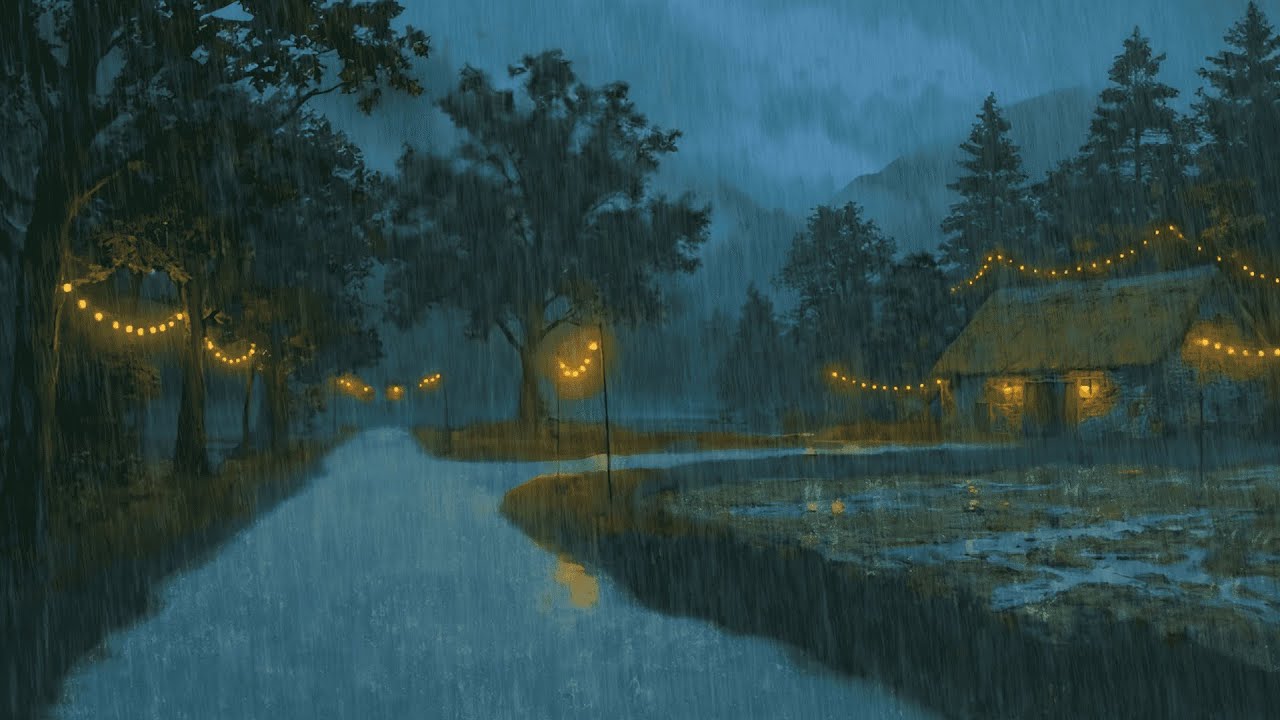 Cozy Rainy Village Night: Heavy Rain & Thunder Sounds for Sleep 🌧️💤