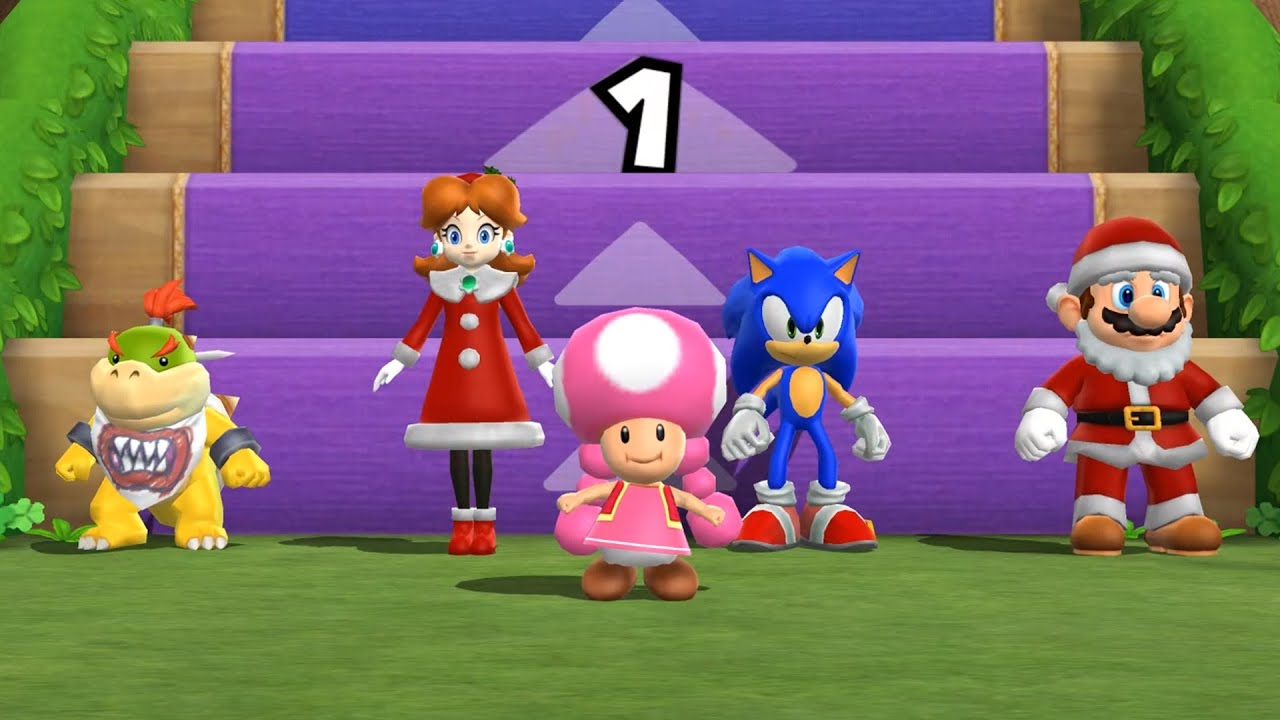 Mario Party 9 Step it Up 7 Wins Challenge - Bowser jr. vs Daisy vs Sonic vs Mario Santa