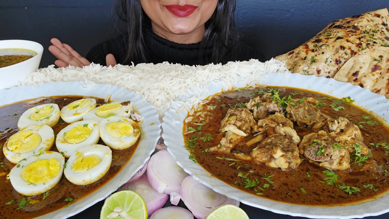 ASMR EATING SPICY CHICKEN WITH GRAVY AND GARLIC NAAN , EGG CURRY WITH RICE AND SOUP  | MUKBANG 