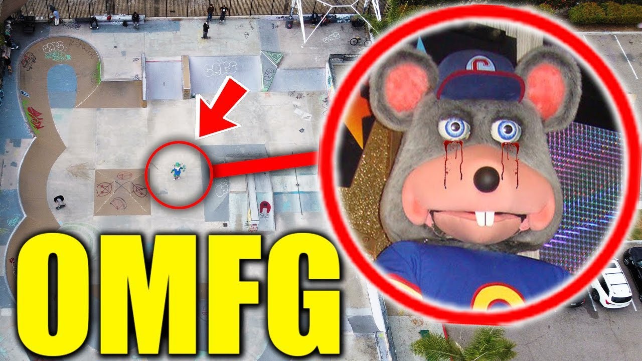 DRONE CATCHES CHUCK E CHEESE.EXE SKATEBOARDING AT HAUNTED SKATEPARK!! (HE CAME AFTER US!!)