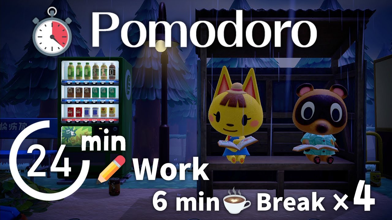 ⚡🔔 Pomodoro Timer (24min Study📝+ 6min Break☕) with Heavey Rain☔ and Thunder Sounds ⚡🎧Katie in ACNH