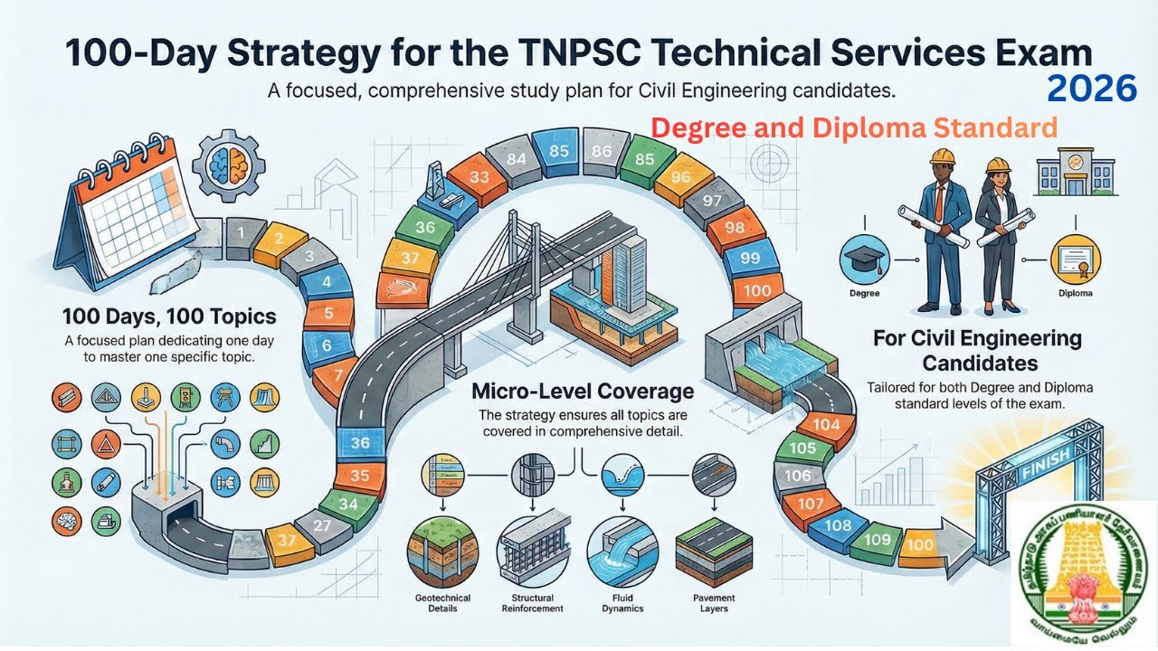 TNPSC Combined Technical Service Exam 2026/ Strategy plan civil engineering/100 days 100 topics