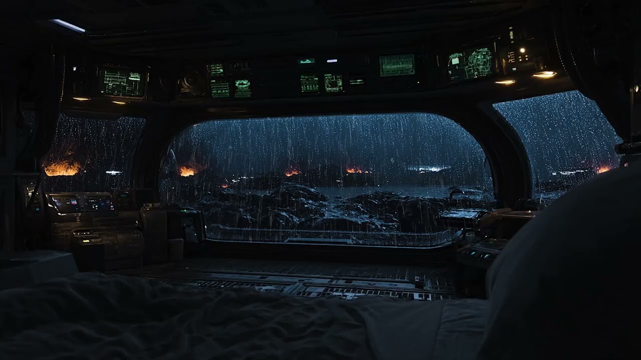 Dark Industrial Ship Bridge with Snowfall and Thunderstorm Sounds for Relaxation and Focus