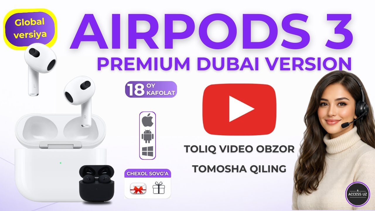 Simsiz quloqchinlar airpods 3 oq va qora toliq video obzor