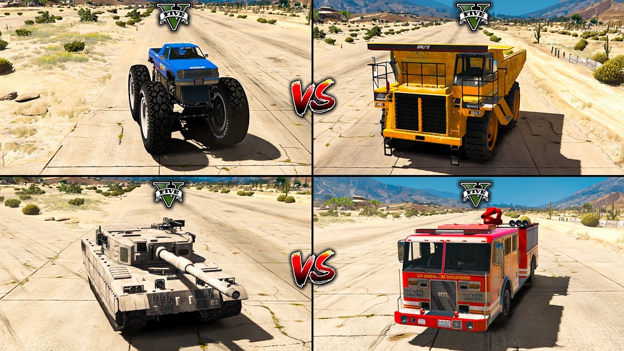 GTA 5 Giant Dump Truck  VS Fire Truck VS BigBrat Truck VS Military Tank GTA 5 - WHICH IS BEST?