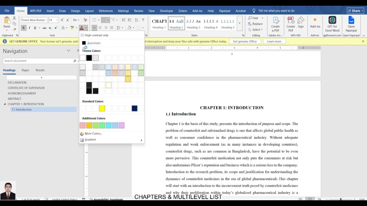 MULTILEVEL LIST SETTINGS IN THESIS PAPER
