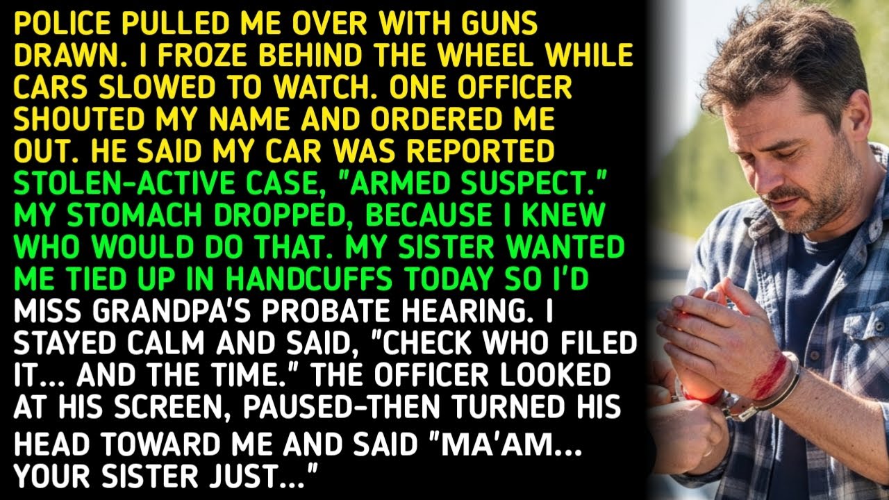 Police pulled me over with guns drawn. I froze behind the wheel while cars slowed to watch. One off