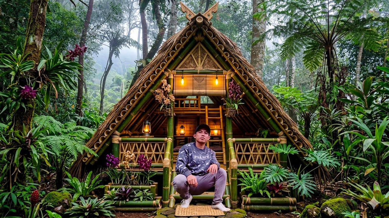 3 days of survival building a bamboo house in heavy rain and a thunderstorm ASMR silent camping 