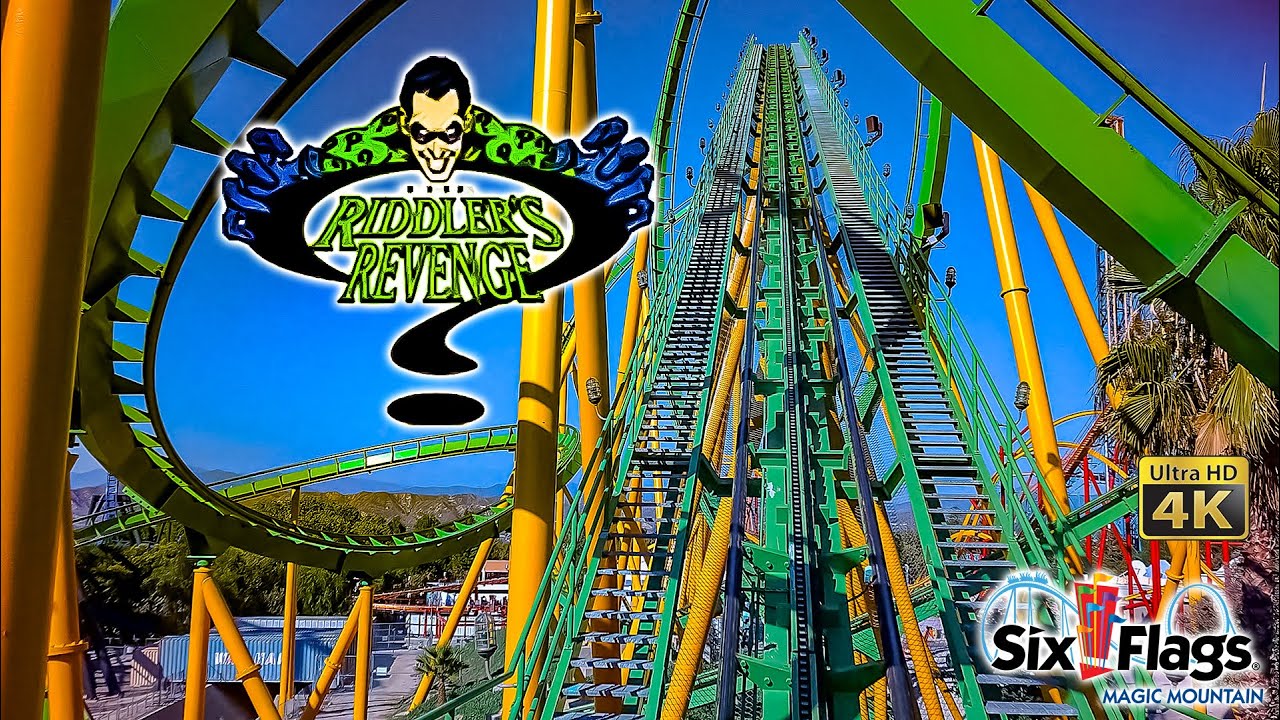 2023 The Riddler's Revenge Roller Coaster On Ride Front Seat 4k POV Six Flags Magic Mountain