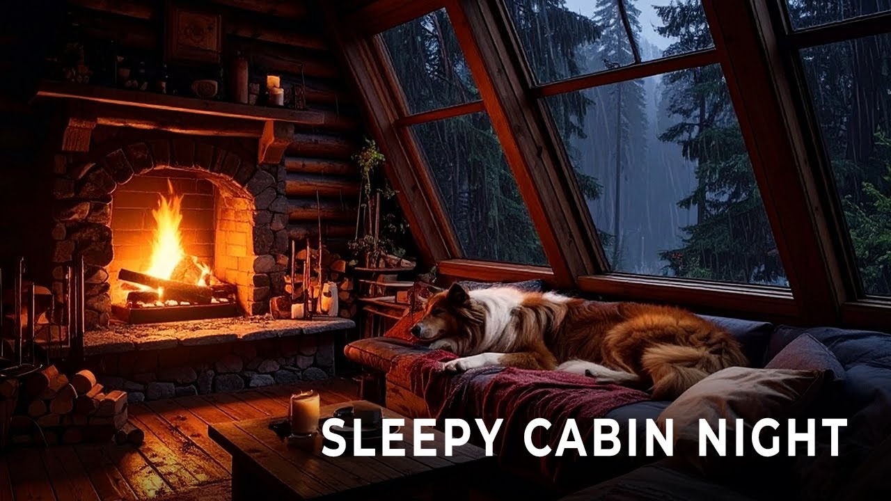 Cozy Cabin Rainstorm 🌧️ Fireplace, Thunder & Forest Night Sounds