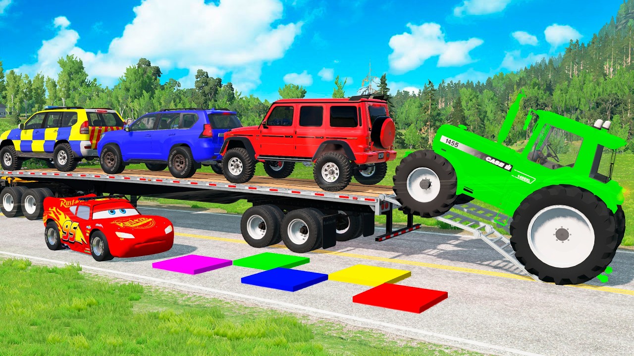 Triple Flatbed Trailer McQueen Transportation with Truck - Speedbumps vs Cars vs Train - BeamNG #