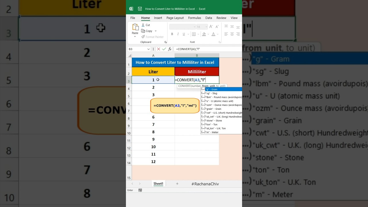 How to Convert Liter to Milliliter in Excel || Excel Tips & Trick || #excel #short #excelbasic