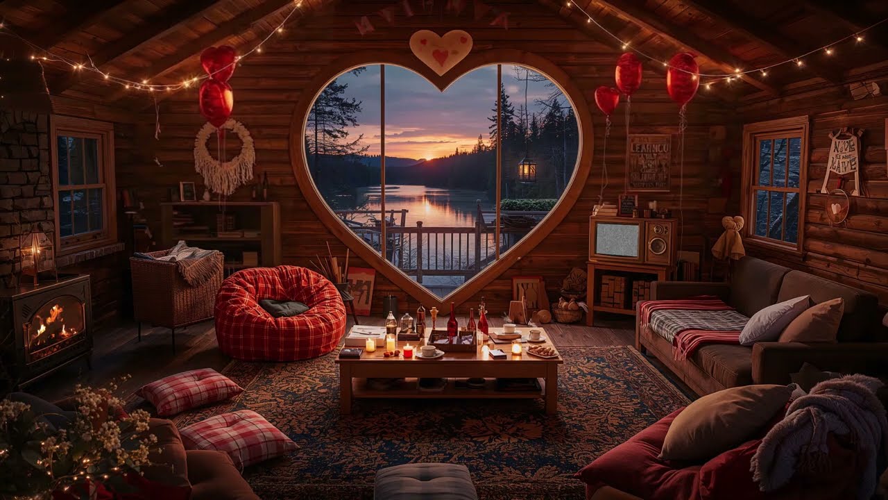 Cozy Romantic Cabin Jazz 🧡🎷 Relaxing Jazz Music | Warm Fireplace & Sunset Ambience