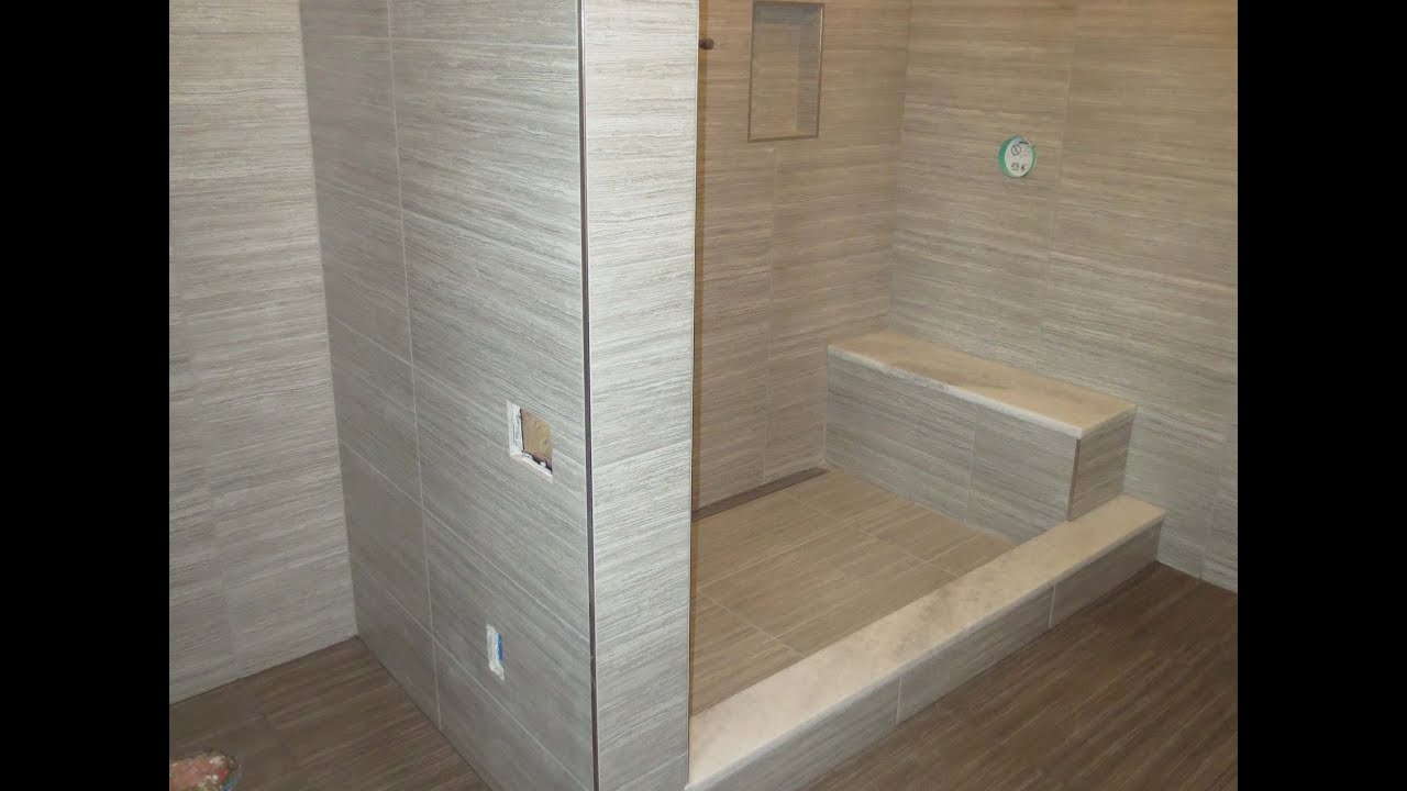 Start to finish Time lapse  Schluter  bathroom Kerdi-line linear drain Ditra heat large format tile.