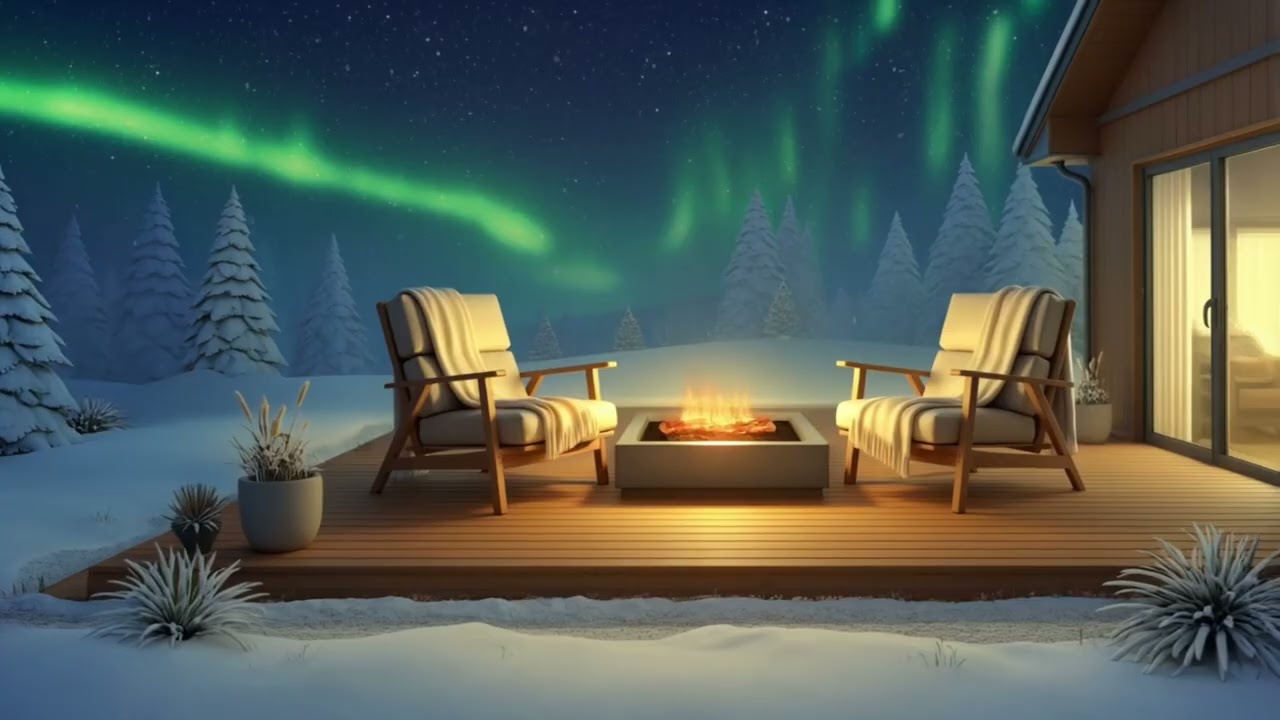 Cozy Winter Fire Pit Under Northern Lights | Relaxing Snowy Night Ambience | background Ambience