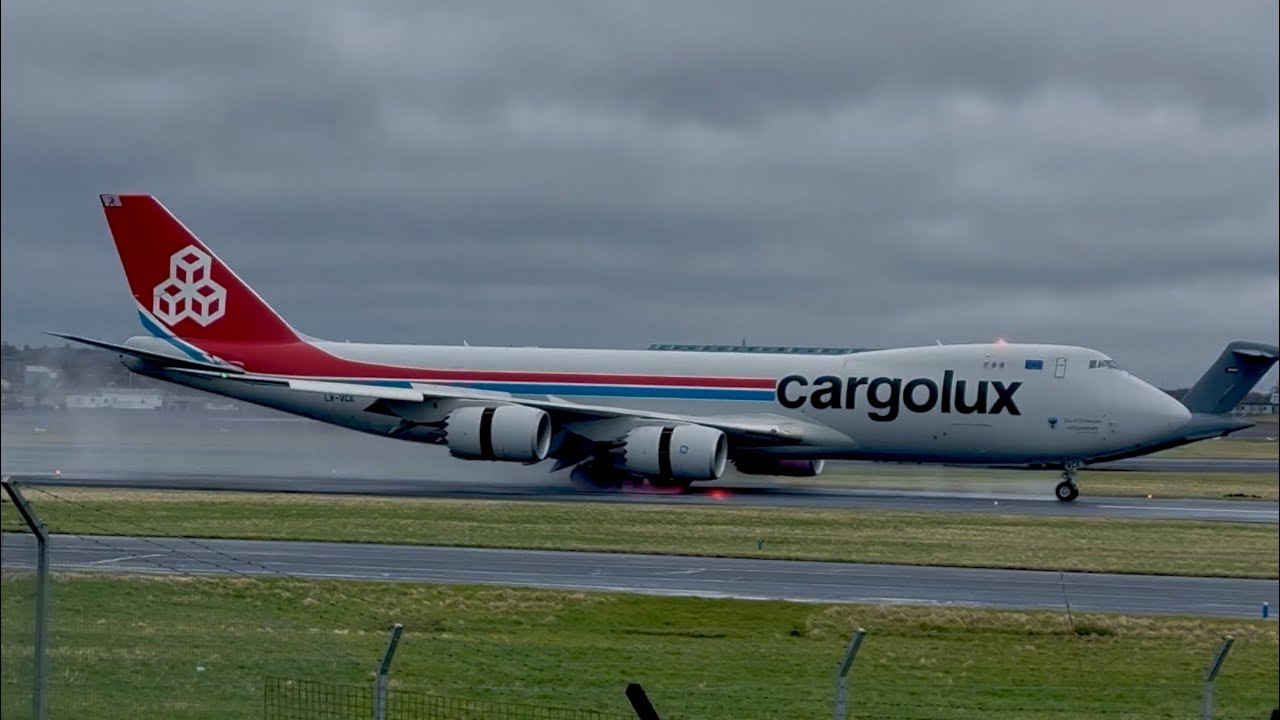 Awesome Cargolux 747 Clearing the Runway on Wet Landing at Presrwick 