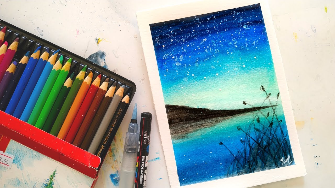 How to use watercolor pencils easy - Night scenery