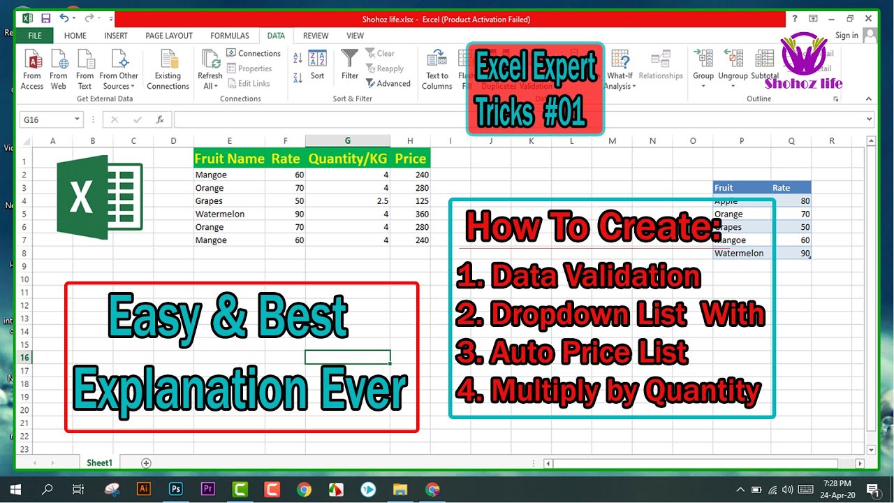 How to Create Drop down List With Auto Price List Excel 2020 | Data Validation | Excel | covid 19