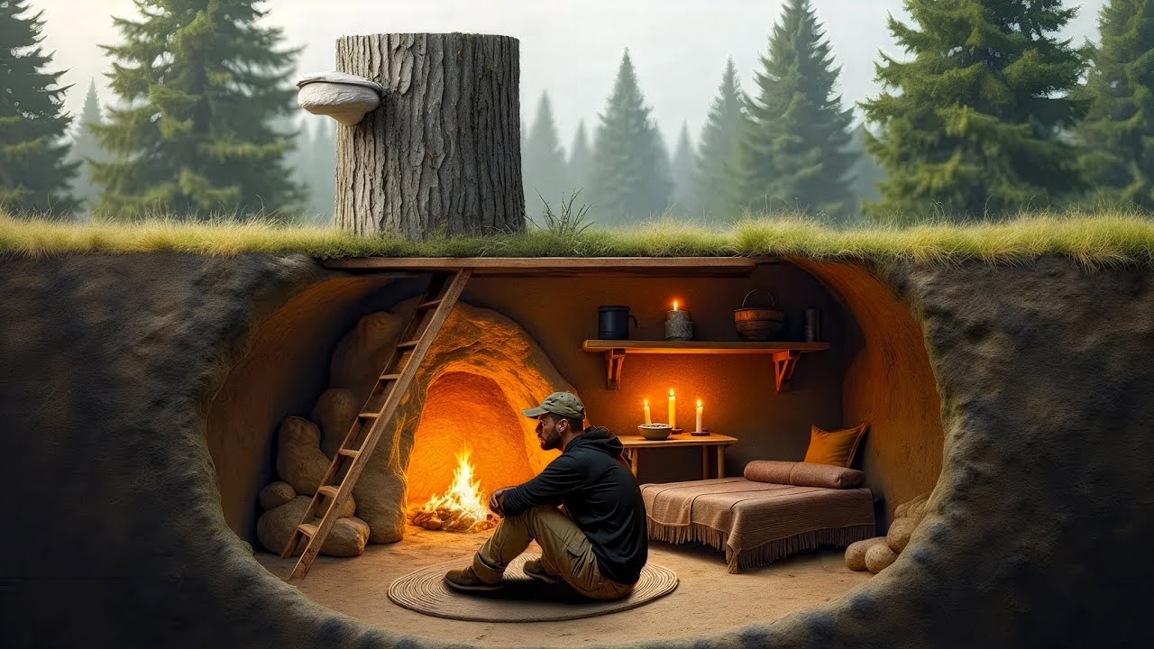 I Built a Hidden Shelter Under a Giant Fake Stump | Bushcraft Underground Survival Dugout