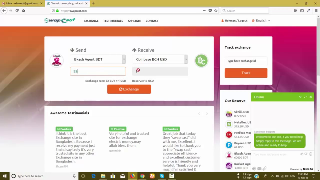 bKash to Coinbase by using SwapCost Exchange