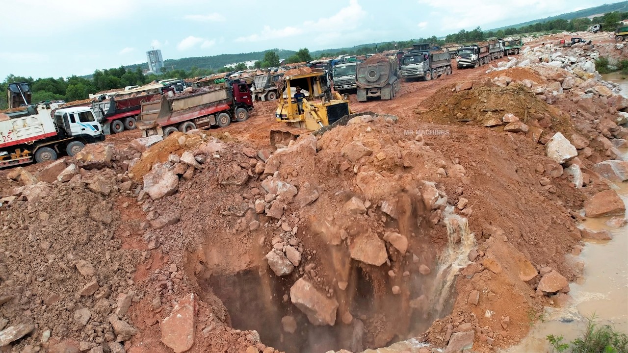 O.M.G Big Land Filling Project, Bulldozer Pushes Rocks & Soil Vs Many Dumper Dumping Rock Mix Soil