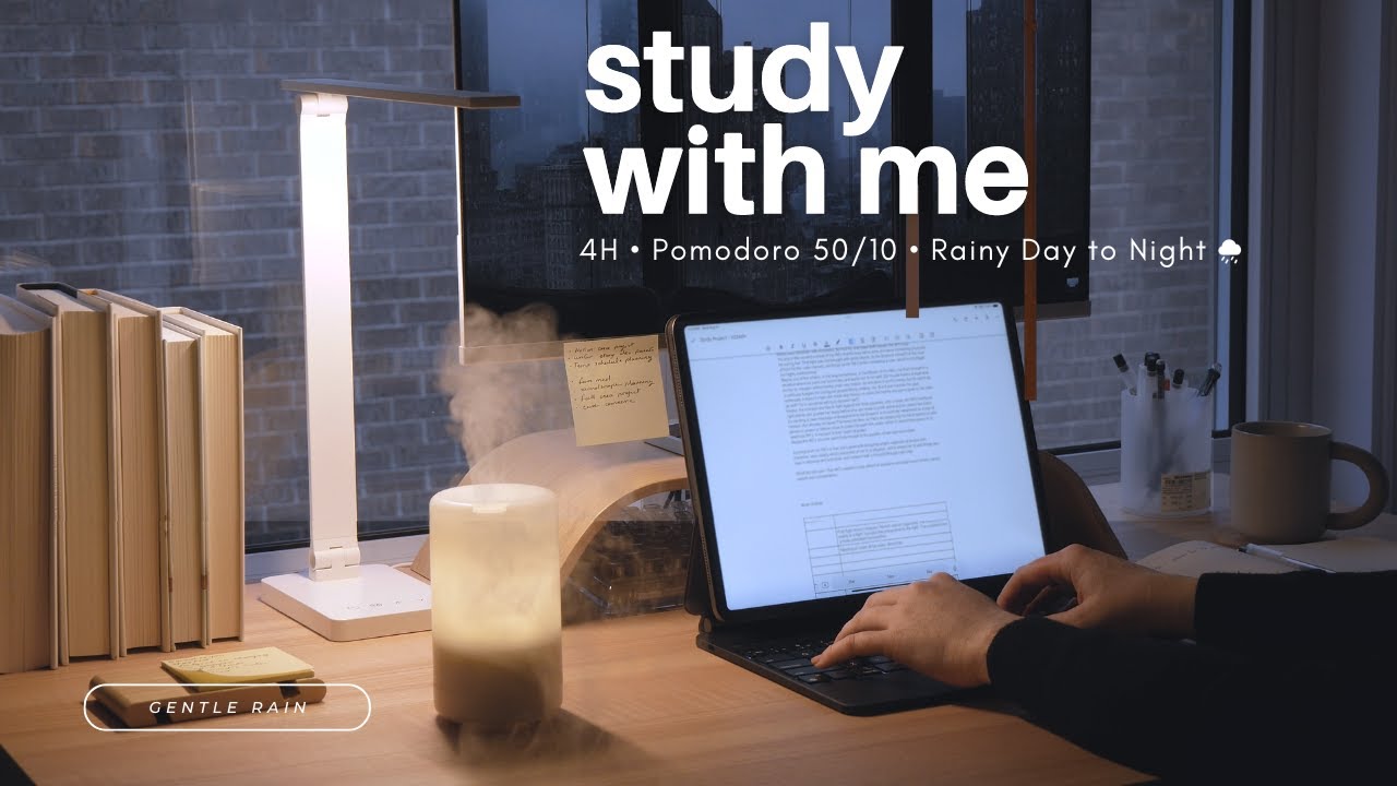 4-HOUR STUDY WITH ME 🌧️ RAINY DAY TO NIGHT / Gentle Rain Sounds / Pomodoro 50/10 /No Music [Ambient]