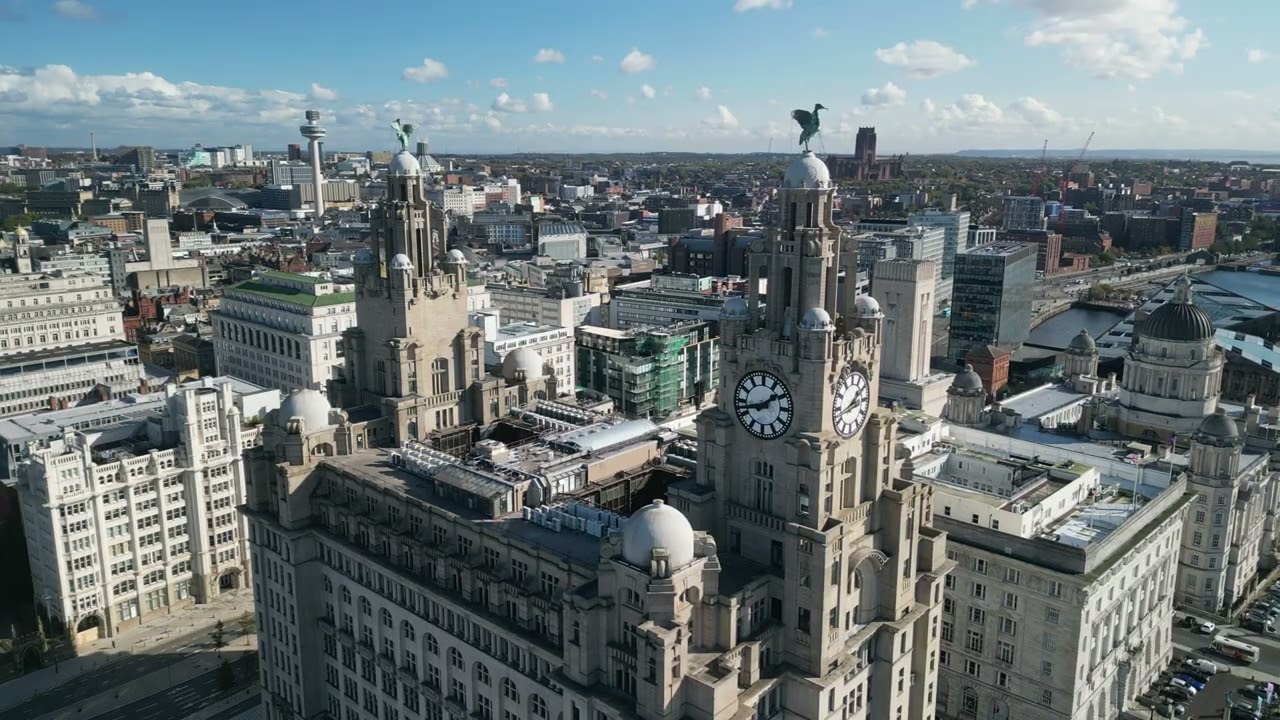 Liverpool Waterfront architecture from above 4K