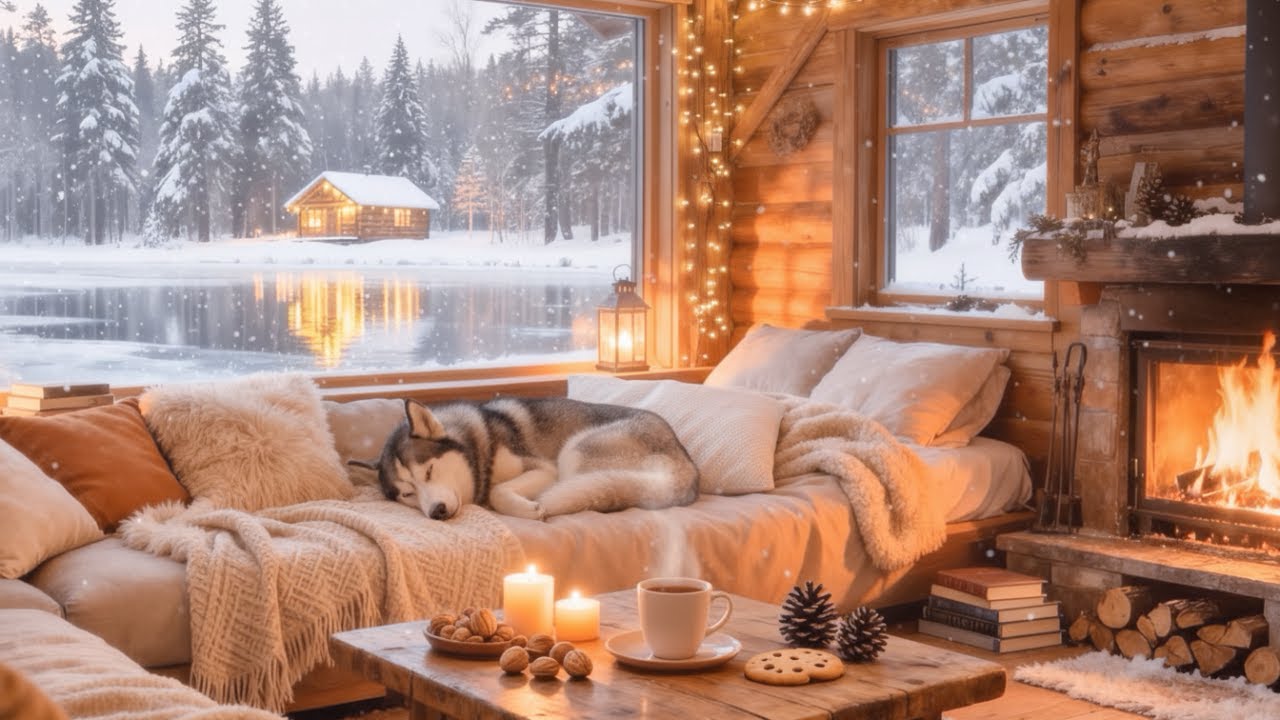 1 Hour of Relaxing Piano &mdash; Siberian Husky Sleeping in a Winter Cabin ❄️ | Calming Music for Dogs 🐾