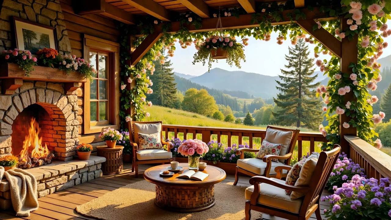 Cozy Spring Cabin Porch 🌸 Relaxing Piano & Fireplace Sounds for Study and Focus