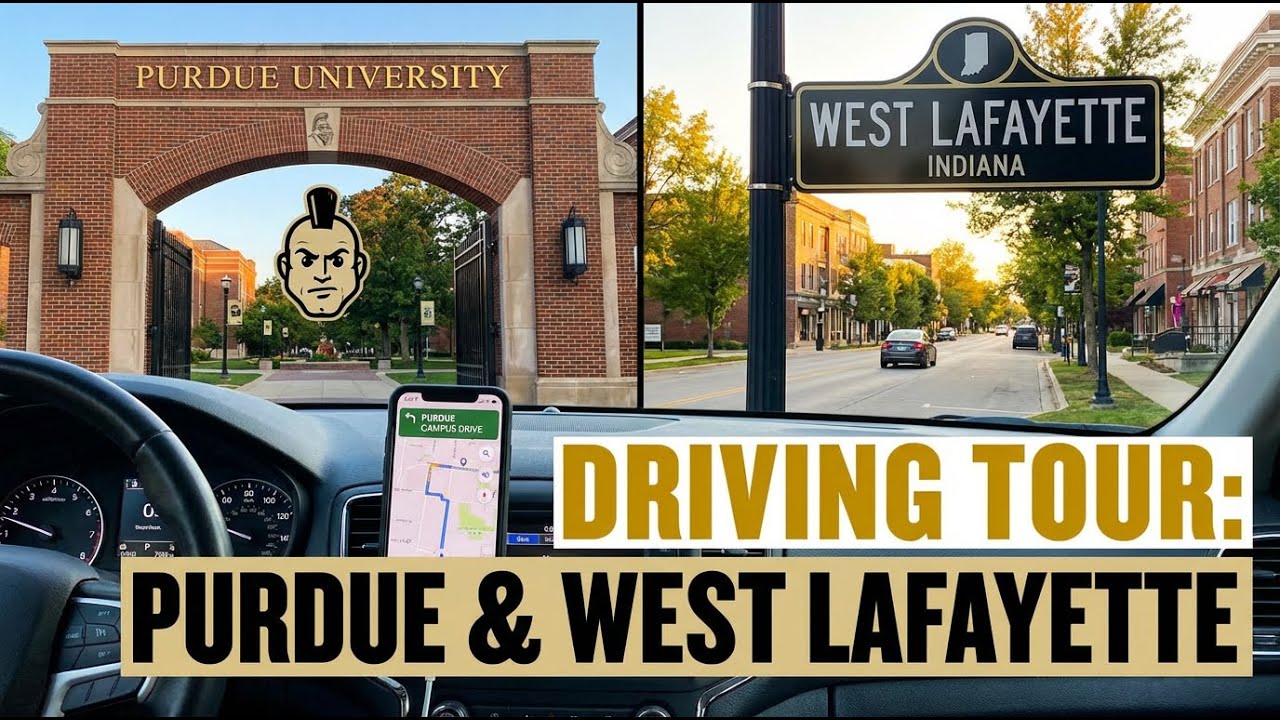 Driving around Campus of Purdue University and West Lafayette, Indiana