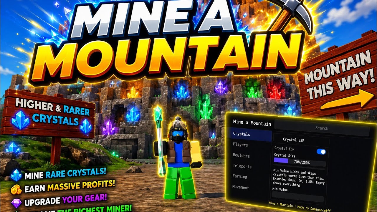 Mine a Mountain Script|Auto Farm Crystal, Auto Buy, Esp