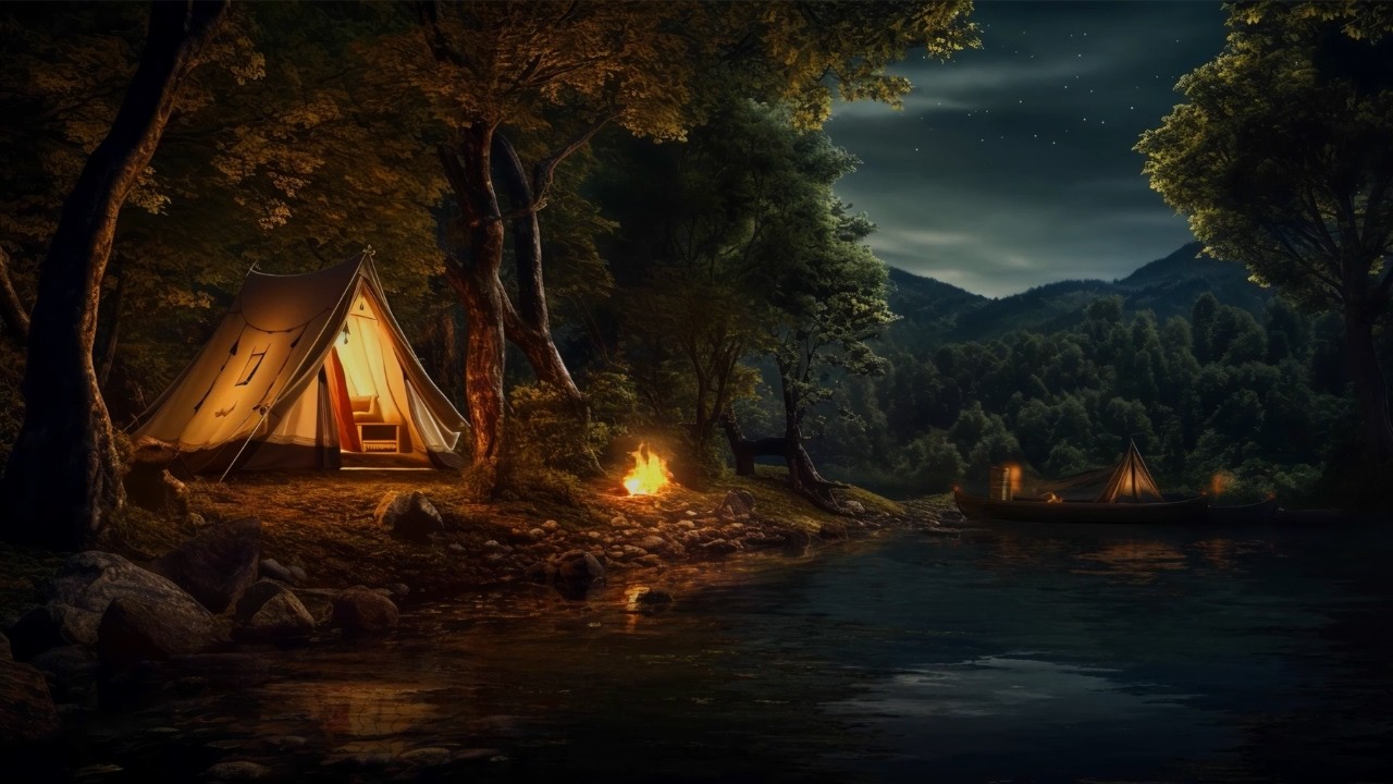 Cozy Forest Camping Night 🔥 Campfire Sounds by the River | Relaxing Nature Ambience for Sleep
