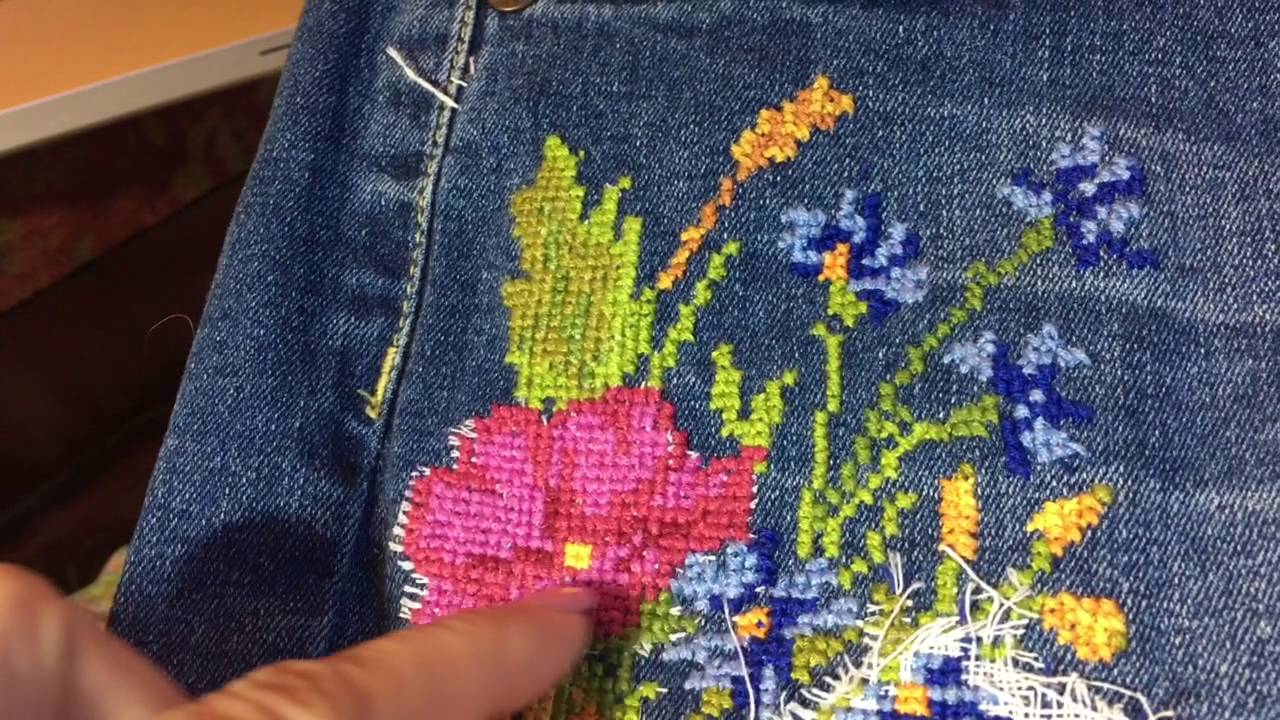 Вышивка джинсов закончена!Как вытащить накладную канву.