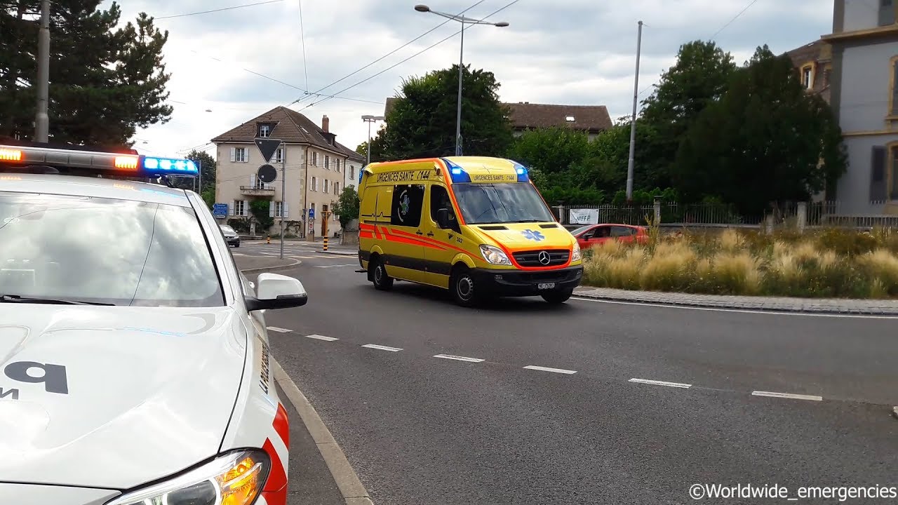 Ambulance en urgence + Police de Neuchâtel en intervention + Ambulance et camion de pompiers