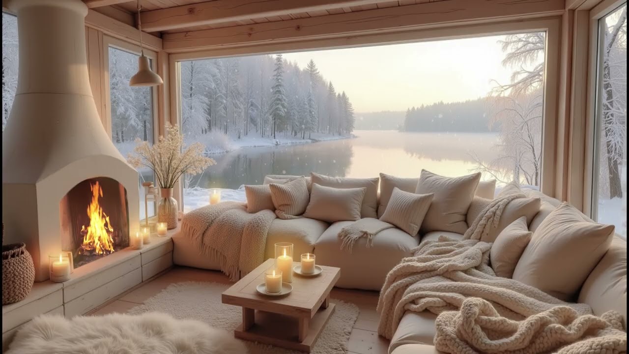 Warm Winter Cabin by the Lake ❄️ Soft Piano Music & Crackling Fireplace Sounds for Sleep & Focus