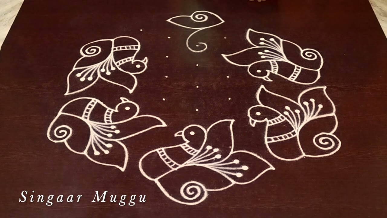 Peacock rangoli design | Mayil kolam | Saturday sangu kolam with 9X5 dots | Flower Muggulu
