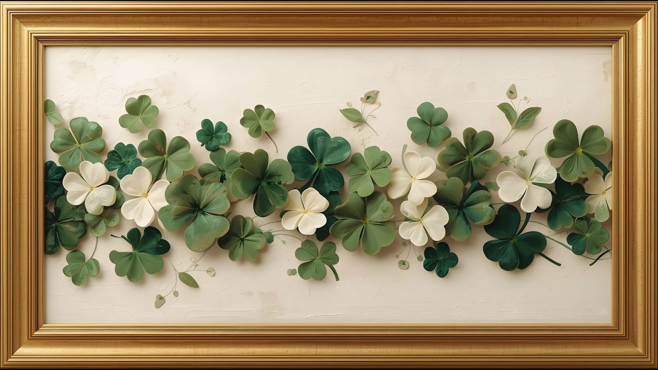 Shamrock Wall Art | Luxury Green & White Botanical TV Art | St. Patrick’s Day Decor | 2 Hour Loop