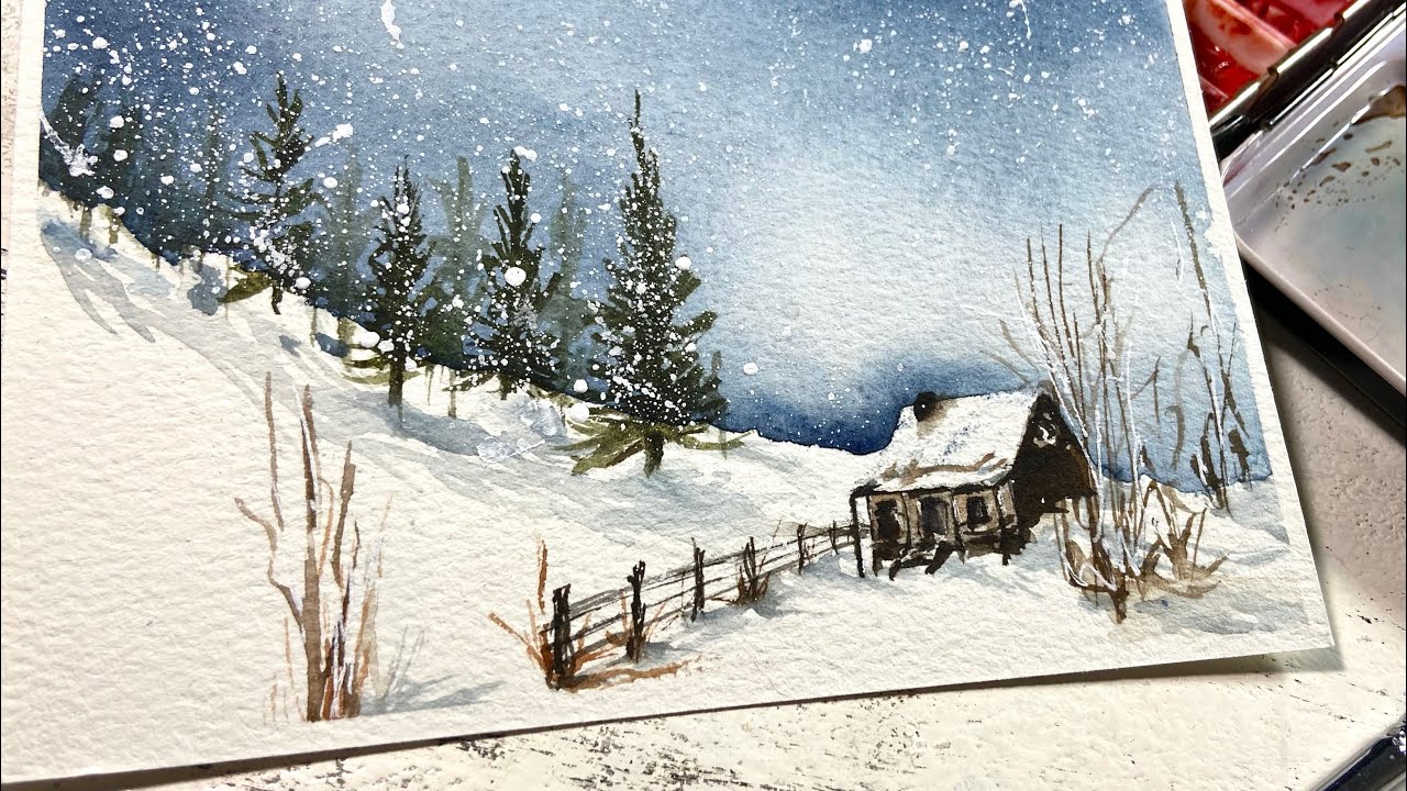 Loose Watercolor Winter Wonderland Scene