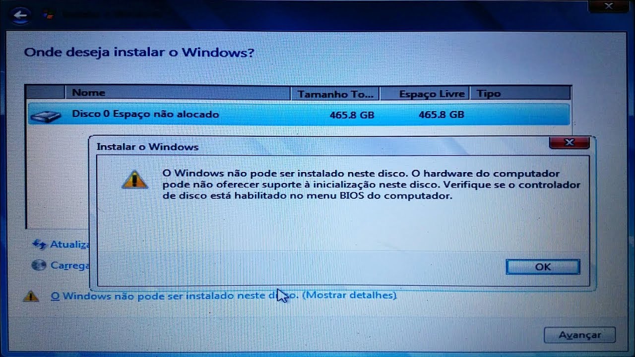 RESOLVIDO   O windows não pode ser instalado neste disco  O Hardware do computador pode não oferecer