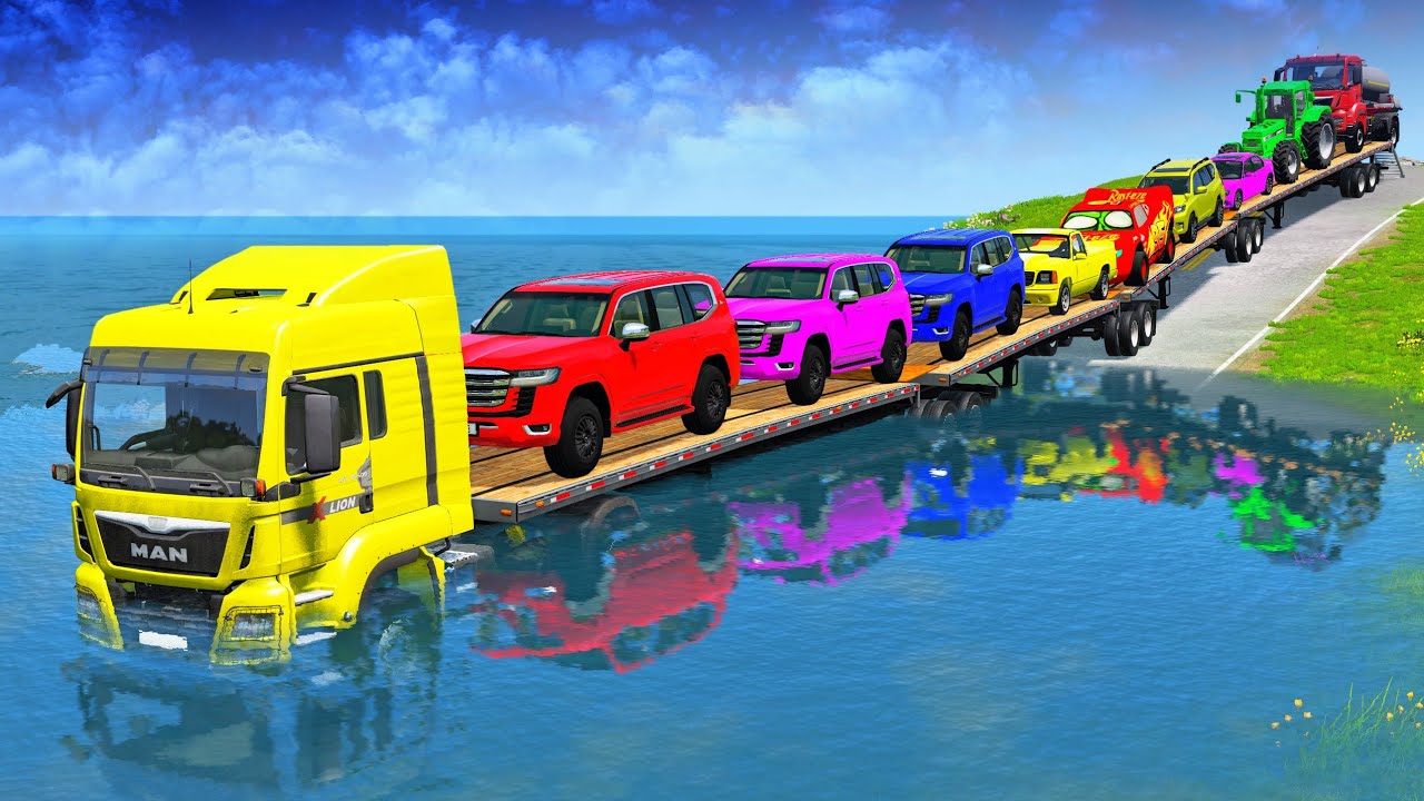 Flatbed Truck McQueen | Перевозка на грузовике — Выбоина против машины №42 | Геймплей BeamNG.Drive