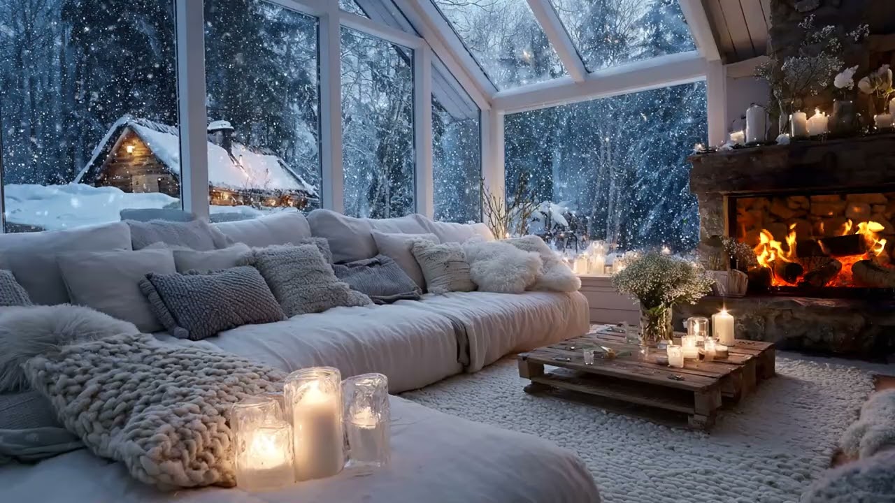 🎹🤍 Gentle Winter Piano | Elegant White Lounge & Falling Snow | Peace Focus Healing Relax Meditation