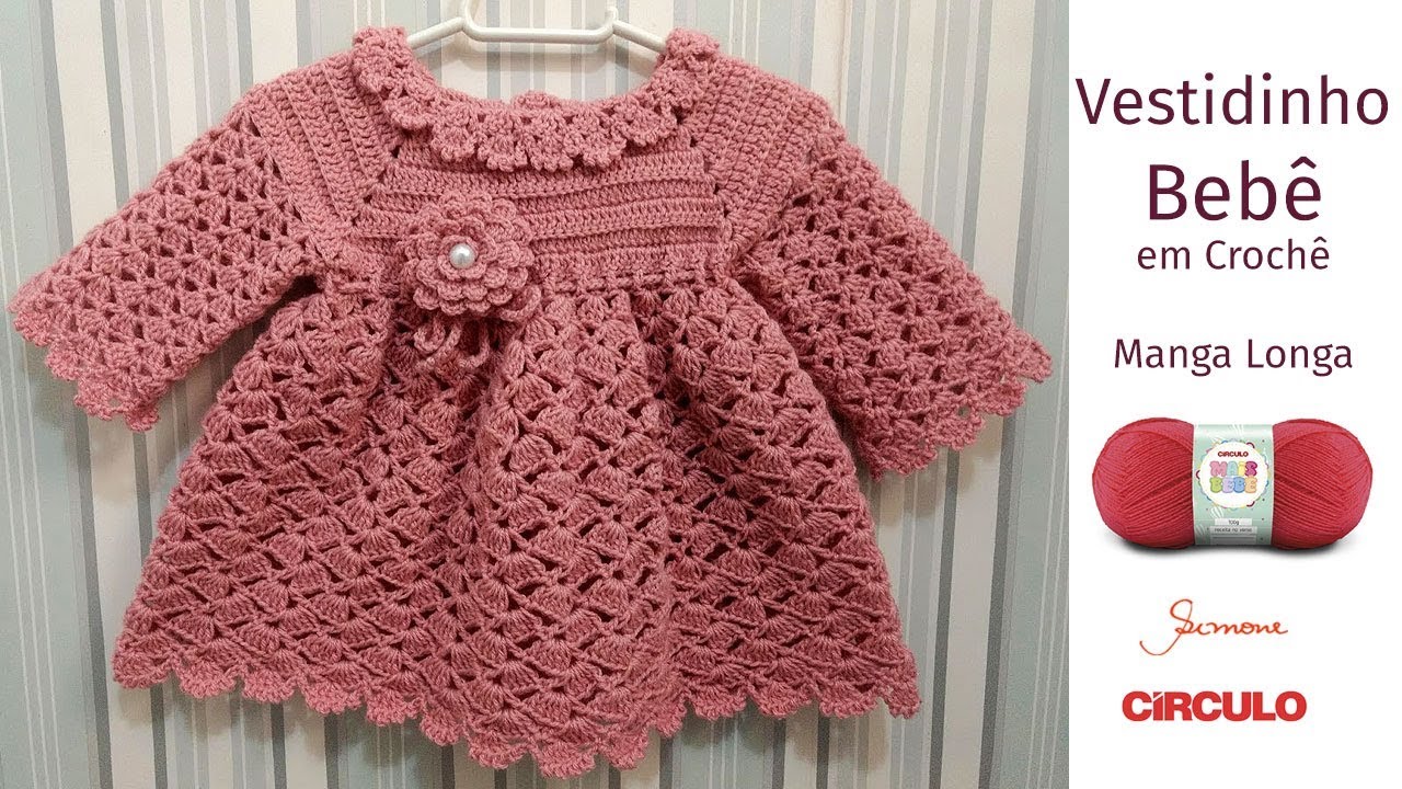 Vestidinho em Crochê para bebê Manga Longa Simone Eleotério