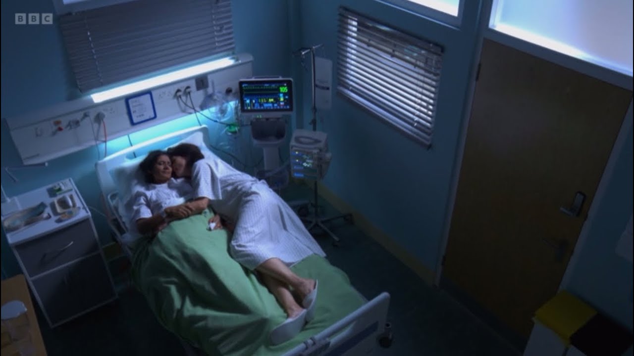 Eastenders suki wakes up in eve’s arms as Nish is pronounced dead as suki says to eve we win scene