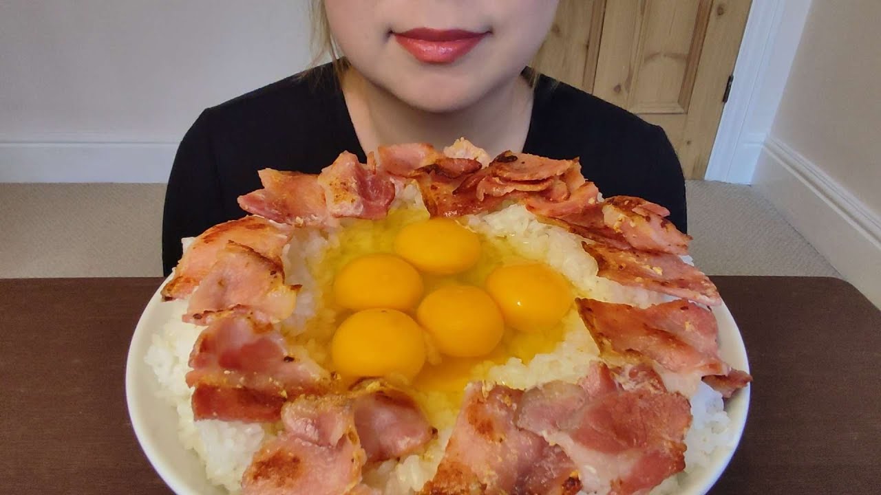 【咀嚼音、ASMR】ベーコン卵かけご飯 Raw Eggs and Bacon Rice Bowl Eating Sounds Mukbang