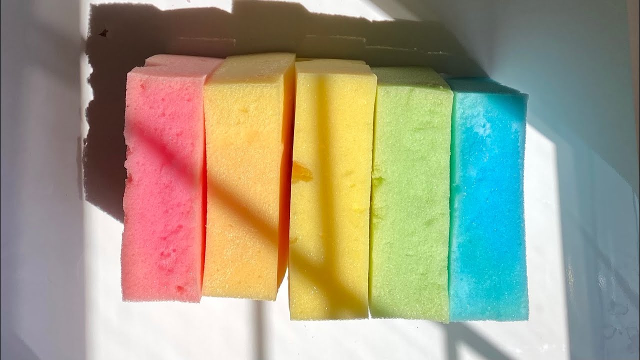 ASMR 🌈 Bulk big sponge ripping of dettoled / old car sponges - dry wet soapy jelly
